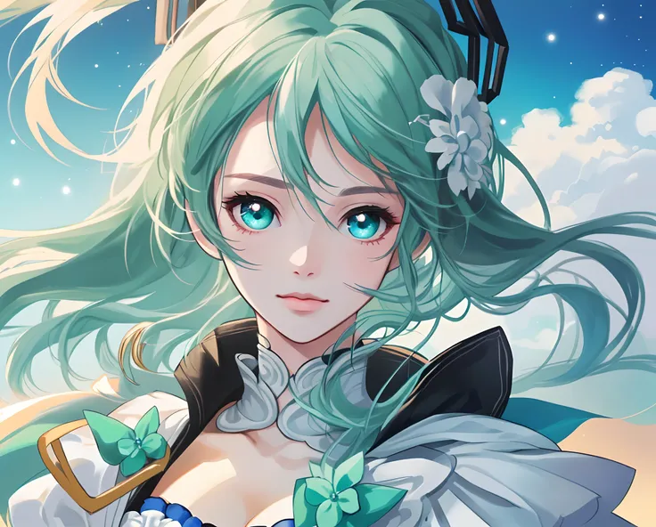 (sfw), (tmasterpiece:1.2), (best qualtiy), (tmasterpiece), (k hd), (extremely detaile), (highly-detailed face), (highly detailed eye), (sportrait:1.3), closeup cleavage, Majesty, light glow, a paradise, Skysky, MAGICAL MIRAI (2015), small boobs, Mint-color...