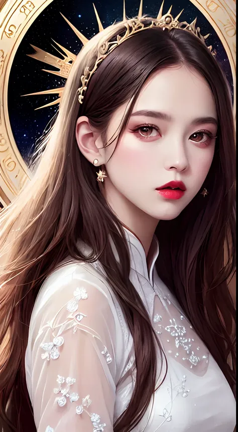 1 27-year-old girl, 1 zodiac goddess from the future, goddess of the pink and purple 12 zodiacs, the goddess of the zodiac in a yellow ao dai, a 12 zodiac ao dai with many black lace detail, mythology Goddess of the 12 zodiacs from the future, zodiac ♏, lu...