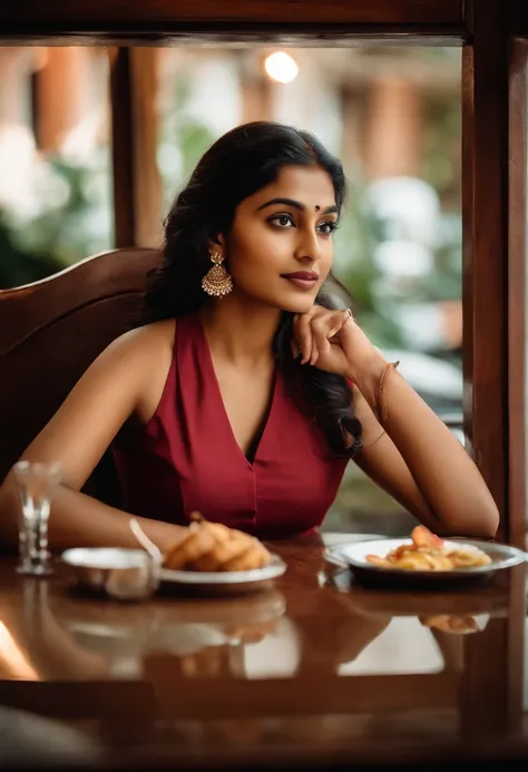 Indian woman sitting at a table in a restaurant with a glass of wine, gorgeous young Indian woman, beautiful young Indian woman, beautiful south indian woman, No background blur, overcast lighting, no cinematic lighting, round face, indian girl, beautiful ...