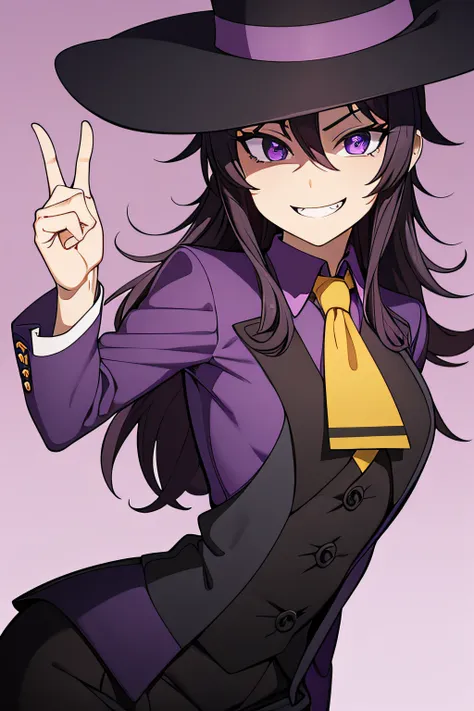 dark purple shirt, black vest, purple tophat, yellow skin, winking. smiling