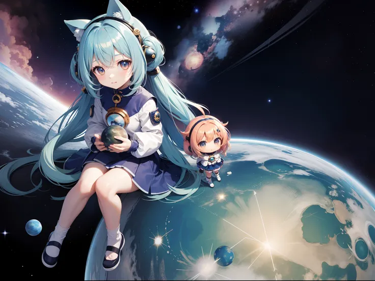 Chibi Chara　Into space　Locket　space suits　long hair with blue hair((Chibi Chara))、Fluffy、girl with、Chibi Chara、full body Esbian、Pastel colors hair、masutepiece、top-quality、a moon　constellation　planet earth