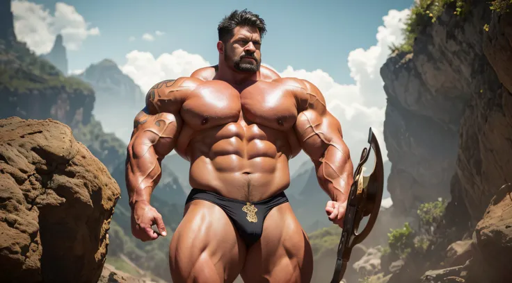 (Extremely detailed 8k wallpaper), A mages, Intricate, High detail, Dramatic ，short detailed hair，short mustache，Wear bright gold thongs，Perfect figure with tattoos, Very huge and strong body, Bulging muscles, musculous, Very large pectoral muscles，Very se...