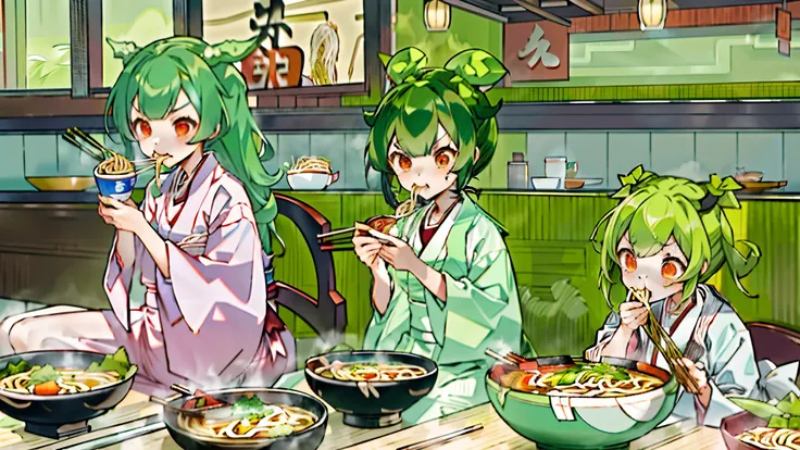 masterpiece, best quality, ultra-detailed, 3girls, ((ramen  restaurant))
AND masterpiece, best quality, 3girls,  kiritan,white kimono, brown hair, red eyes,upper_teeth, (teen age:1.2), (sitting:1.1) ,ichiraku ramen, (eating ramen noodles:1.0), holding chop...