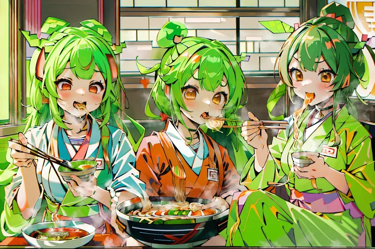 masterpiece, best quality, ultra-detailed, 3girls, ((ramen  restaurant))
AND masterpiece, best quality, 3girls,  kiritan,white kimono, brown hair, red eyes,upper_teeth, (teen age:1.2), (sitting:1.1) ,ichiraku ramen, (eating ramen noodles:1.0), holding chop...