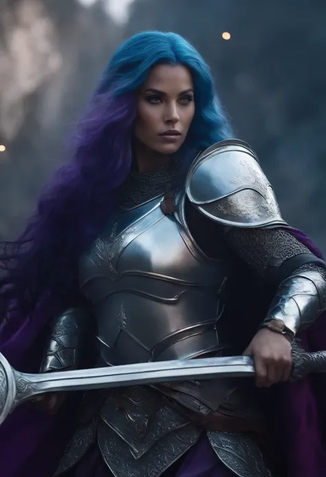 tall woman with light blue skin, with a beautiful face, black eyes, long and wavy purple hair, with silver armor, a round silver shield in her right hand and a giant silver ax in her left hand.