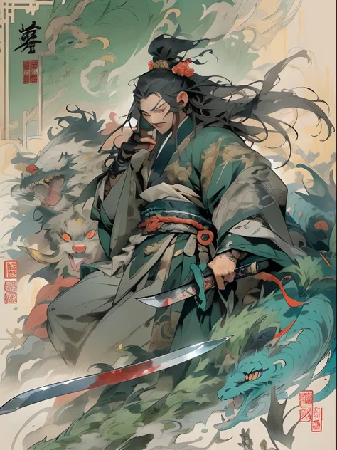 (((China-style，Ink painting method，Half-length portrait，Intense color，Han dynasty, China，Hanfu，Armor，Guan yu，Guan Yunchang，of a guy，Ruddy killing square face，Hold the Blue Dragon Moon Knife in his right hand，Stroke your beard with your left hand，Long hair，...