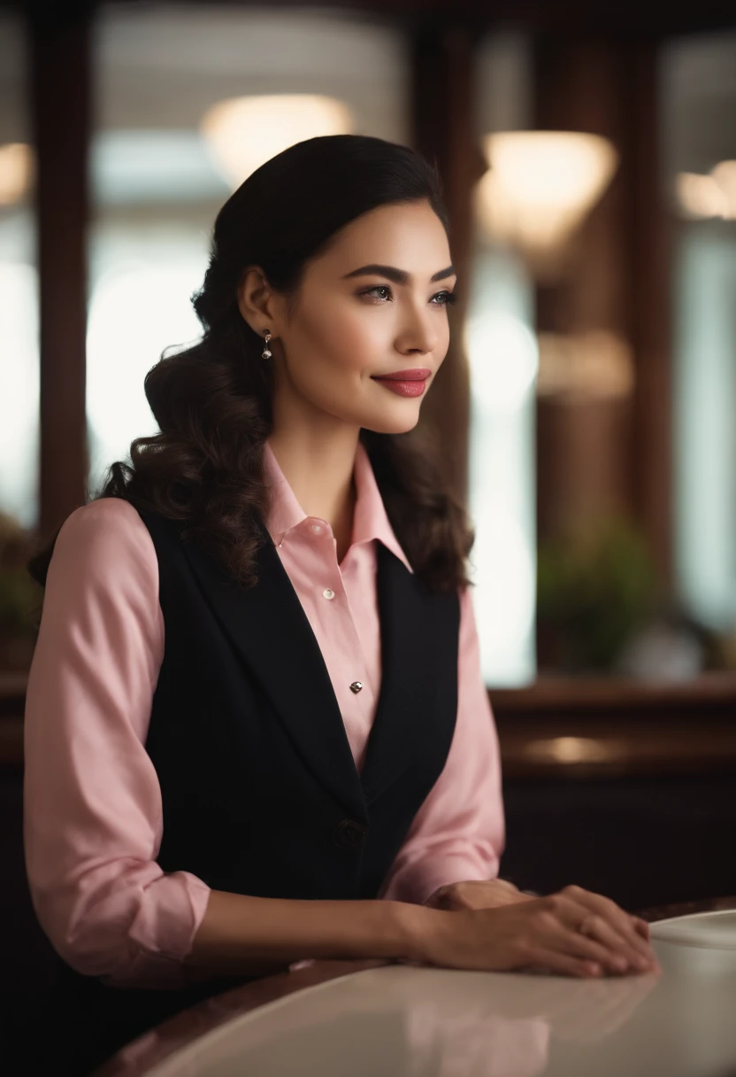 Hotel reception、Front counter　、　Pink Button Shirt、Lady at the front desk、(top-quality)、(hightquality)、frontage、a picture、A detailed face、detailed lips、A detailed eye、Black jacket　、　One person