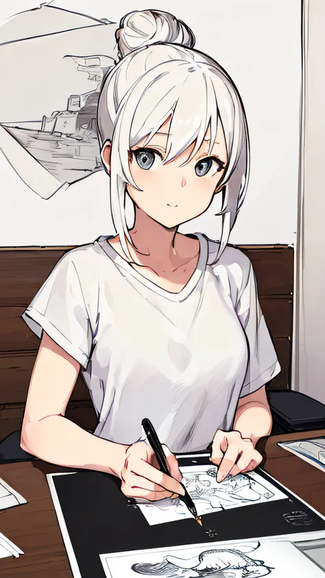 (((masterpiece))),(((bestquality))),((ultra-detailed)),(illustration),((anextremelydelicateandbeautiful)),1girl, sketching, hair in a messy bun, plain white oversized tee, doing work, looking at viewer, soft smile, Sitting at a desk with Apple Pencil in ha...