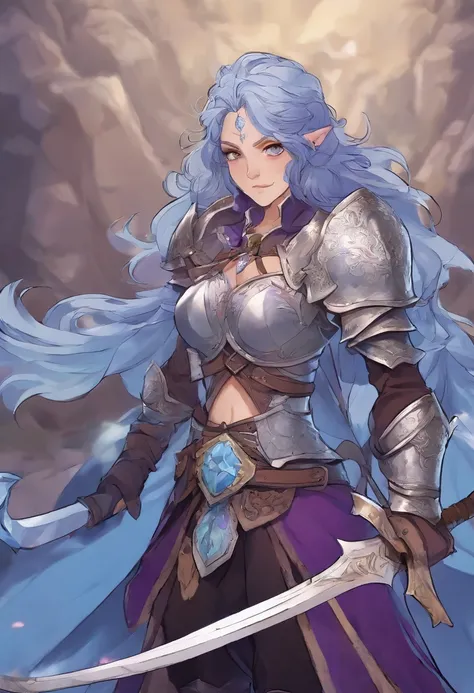 tall woman with light blue skin, with a beautiful face, black eyes, long and wavy purple hair, with silver armor, a round silver shield in her right hand and a giant silver ax in her left hand.