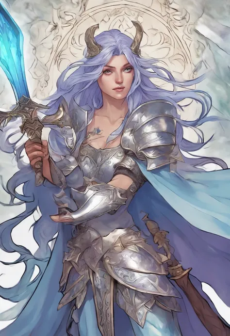 tall woman with light blue skin, with a beautiful face, black eyes, long and wavy purple hair, with silver armor, a round silver shield in her right hand and a giant silver ax in her left hand.