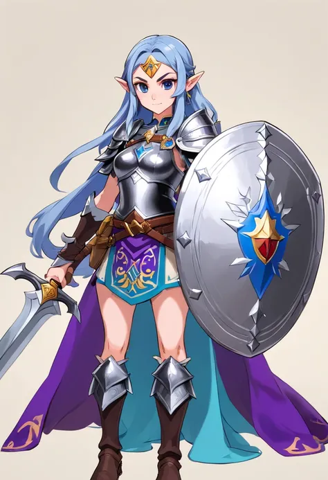 tall woman with light blue skin, with a beautiful face, black eyes, long and wavy purple hair, with silver armor, a round silver shield in her right hand and a giant silver ax in her left hand.