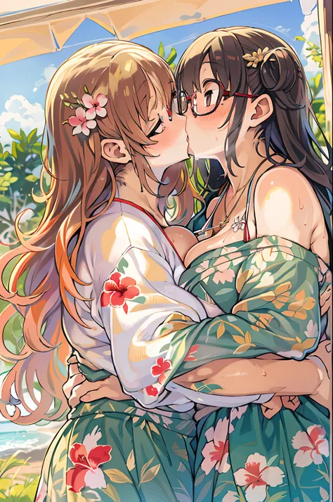 Two-dimensional girl、((Summer light))、Steppe on a summer day、((From the top))、The Sun Directly Above、huge-breasted、big round glasses、bbw,Large Thigh、Two girls、embracing each other、Deep kissing、the kiss、lesbian、red blush、Okinawa、hibiscus