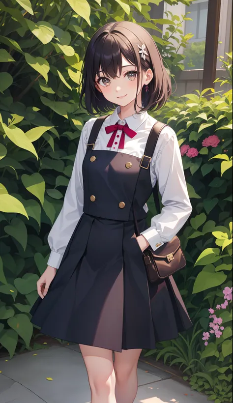 1girl in、AS-Adult、A smile、The shirt、skirt by the、（small tits）、doress、pinafore、hair adornments、（Maids）、Walking with a thigh、Upper body portrait、