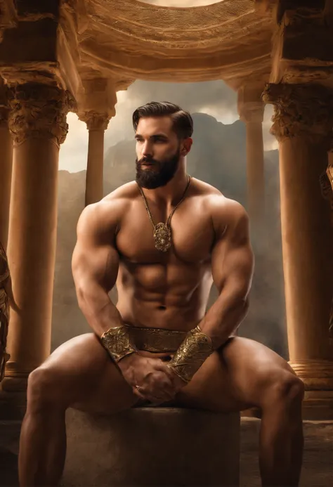 A soldier is chained to a pillar，Full of beards，There is nothing on the body，Wheat-colored muscles，Under the sun，Like the gods of ancient Greek mythology，Wear a pair of sexy transparent panties，Panties tightened his lower body，Raised sexy