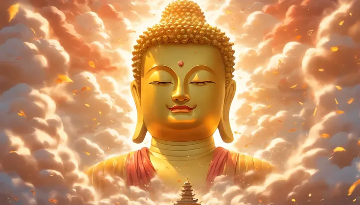 A huge golden Buddha statue rushed into the clouds，Pilgrims on the road，Light smile,China-style，In the distance, surrealism, stereograms, tachi-e, Atmospheric perspective, hyper photorealism, Cinematic lighting, god light, Super detail, ccurate, Best quali...