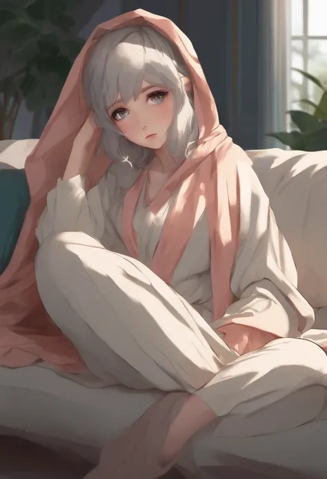 a girl sitting on a couch with blanket draped over her head, 2D anime style, nervous pose,  full body portrait of a short!