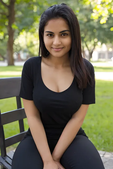 a perfect well-lit (closeup:1.15) (medium shot portrait:0.6) photograph of a beautiful woman sitting on a chair in a park, big breast, wearing an indian black tshirt outfit, looking at me, coy slight smile