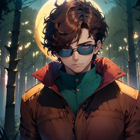 young boy,(((dark brown hair, short hair, curly hair))), (((dark brown eyes, aviator glasses, dark blue glasses))), (pilot uniform, dark blue uniform color),( tones of dark blue, purple and details in red),(((forest background, night, cold forest, giant gr...