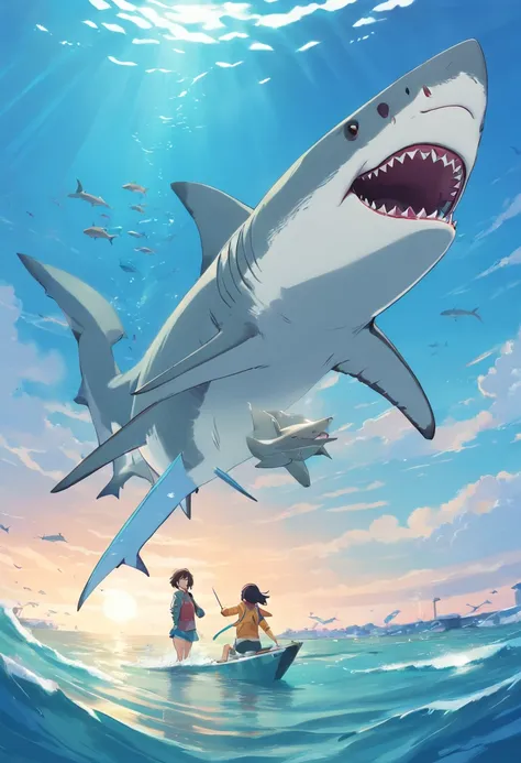 Great white shark，Cartoony，，Lots of great white sharks，No Man，high high quality，Five sharks in the sea，