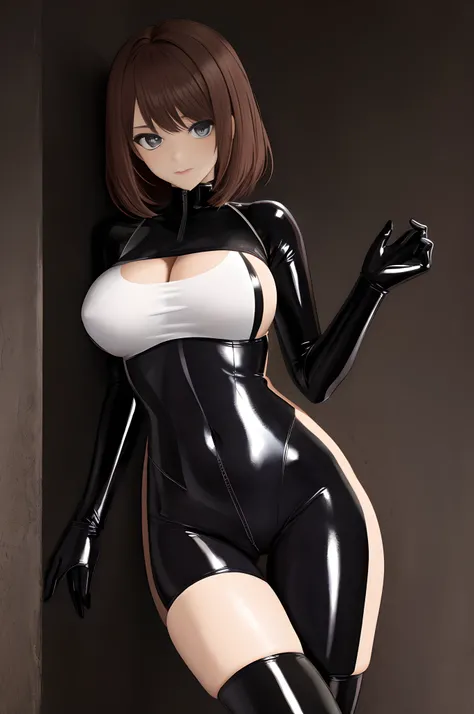 (masterpiece:1.2, best quality), 1lady, solo, latex suit, shy