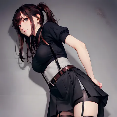 Black skirt, 　suspenders, Brown hair Gray eyes, Garter belt on the legs, Tight black clothes, 　　 a belt　Armpit sweat　　Dark look　Moderately breasts　holster　chain　　poneyTail