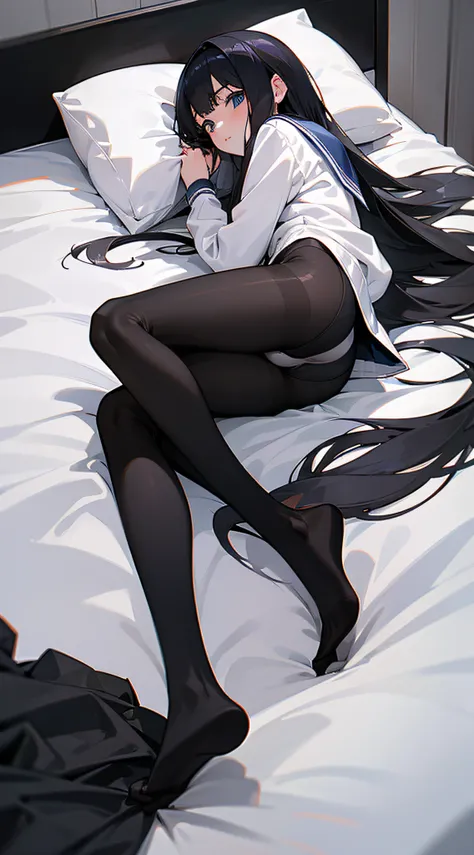 Long hair lying on white bed wearing black pantyhose with white underwear with anime face１２Full body of an old junior high school girl