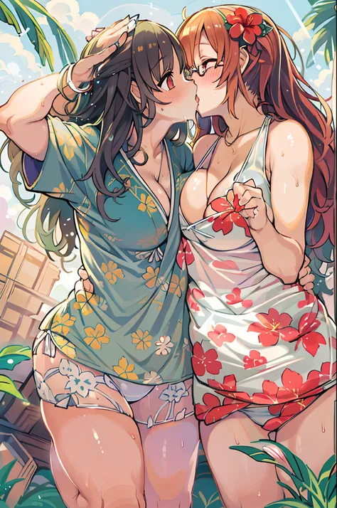 Two-dimensional girl、((Summer light))、Steppe on a summer day、((From the top))、The Sun Directly Above、huge-breasted、big round glasses、bbw,Large Thigh、Two girls、embracing each other、Deep kissing、the kiss、lesbian、red blush、Okinawa、hibiscus、swim wears