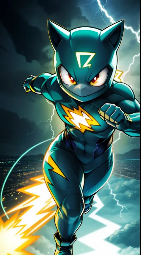 a cute happy turtle with the flash suit, flash mask, anthropomorphic turtle, running very fast, flash lightning symbol on the ch...