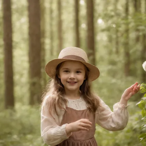 ln the forest，The weather is sunny，Lots of small animals，florals，Little girl in hat dancing contented and happy