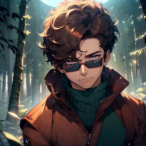 young boy,(((dark brown hair, short hair, curly hair))), (((dark brown eyes, aviator glasses, dark blue glasses))), (pilot uniform, dark blue uniform color),( tones of dark blue, purple and details in red),(((forest background, night, cold forest, giant gr...