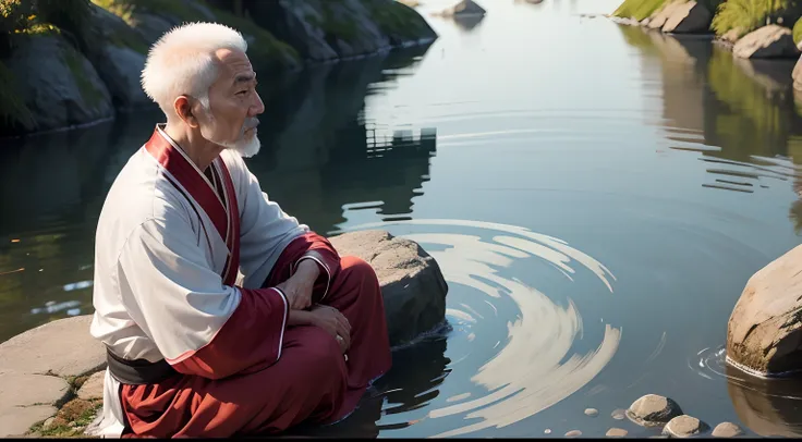 Chinese wise man, na faixa dos 30 anos, olhos fechados, virado para a camera, in a position of meditation or reflection, com vestimetna humilde