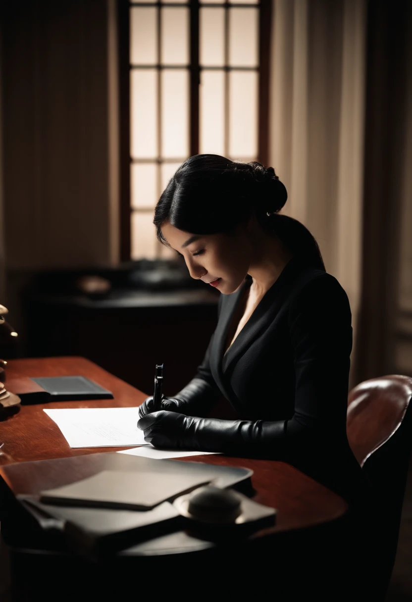 Wearing black leather gloves in both hands, upper body, black business suit, facing the desk in the modern study in the dark, looking down and smiling, writing a letter using a fountain pen, long, straight black hair, young Japanese woman (black leather gl...