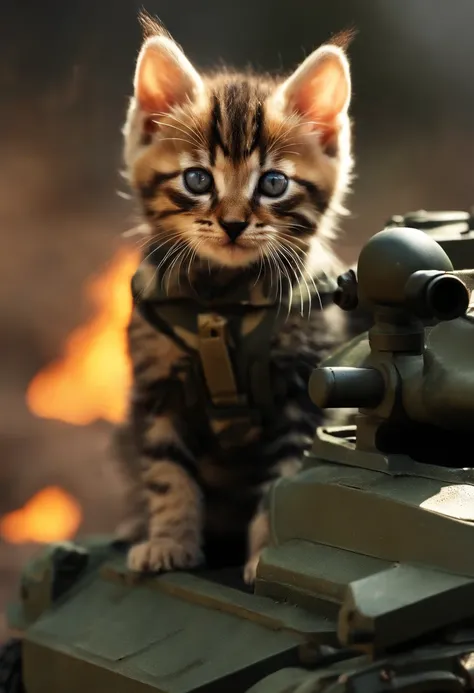 kitten, cool, general, on a tank, battle field, holding a pistol, scar on 1 eye, black, fire, war, cute