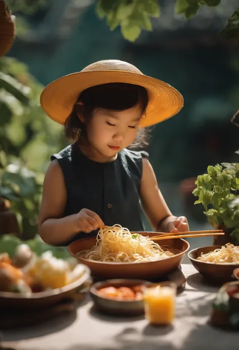 Duan，The weather is sunny，Small animals，florals，The little girl in the hat eats the noodles contentedly