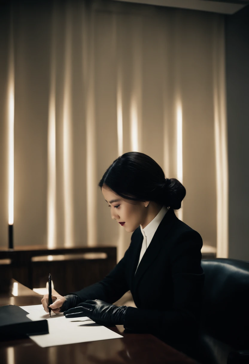 Wearing black leather gloves in both hands, upper body, black business suit, facing the desk in the modern study in the dark, looking down and smiling, writing a letter using a fountain pen, long, straight black hair, young Japanese woman (black leather gl...