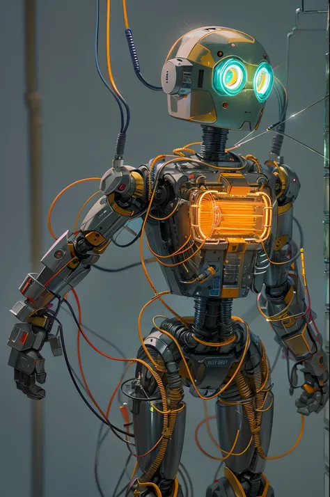 Robot figure made of wire and circuit, Illuminated by bright neon lights in the dark, industrial setting.