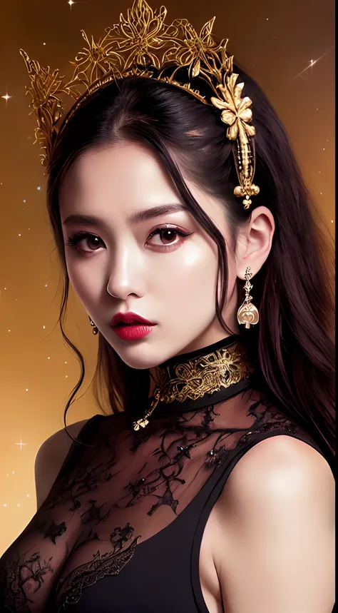 1 27-year-old girl, 1 zodiac goddess from the future, goddess of the pink and purple 12 zodiacs, the goddess of the zodiac in a yellow ao dai, a 12 zodiac ao dai with many black lace detail, mythology Goddess of the 12 zodiacs from the future, zodiac ♏, lu...