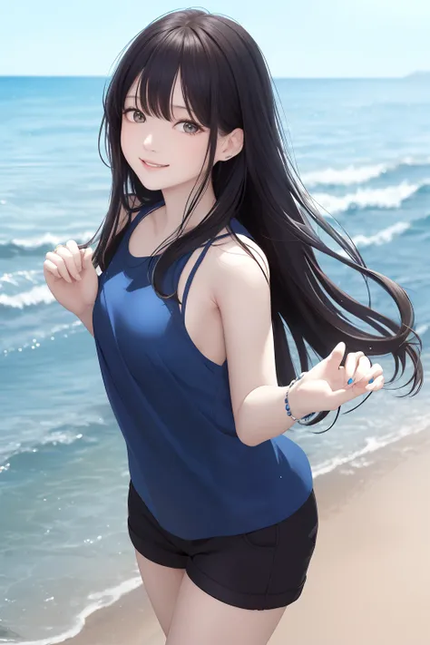 FULL BODYSHOT、an oil painting、​masterpiece、top-quality、hight resolution、Dark hair、Super long hair、Bangs are aligned、Cheerful woman、kindly smile、Blue shirt、sleeveless clothes、Black shorts、Sweaty skin、shores、Looks fun at the seaside、blue-sky、lightly dressed、...