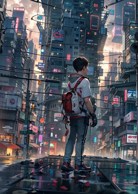 1boy,a 13 yo boy、Cyberpunk Boy、japanese sword,Whole body bloody、The beginning of the adventure、Lots of clouds,heavy fog、starrysky、Moon,Chaotic city of the future、Movie dystopia、A group of very tall skyscrapers stands in the center、Very complex cityscape,Cr...