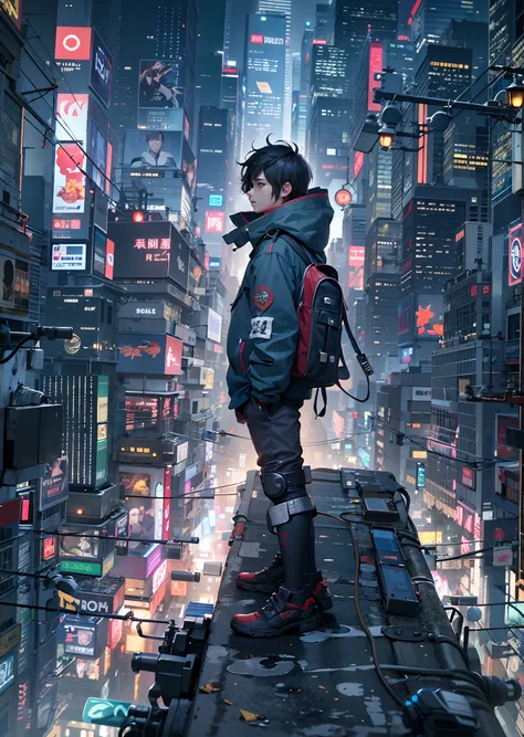 1boy,a 13 yo boy、Cyberpunk Boy、japanese sword,Whole body bloody、The beginning of the adventure、Lots of clouds,heavy fog、starrysky、Moon,Chaotic city of the future、Movie dystopia、A group of very tall skyscrapers stands in the center、Very complex cityscape,Cr...