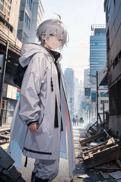 background is a city in ruins、Wearing a white hoodie、Wearing a black tattered robe on top、Gray-haired man with an invincible smile