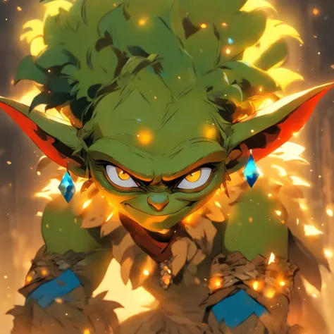 Goblin, wearing Maplehontas headband, colors are gold band with blue and red gems and feathers, masterpiece, best quality