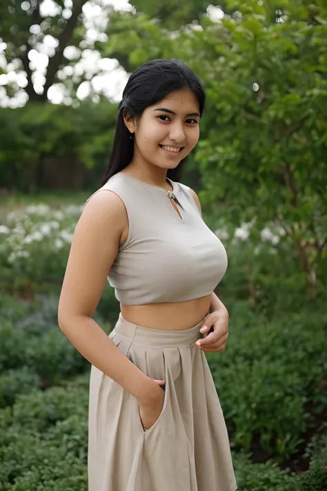 a perfect well-lit (closeup:1.15) (medium shot portrait:0.6) photograph of a beautiful woman in a flower garden, big breast, wearing a beige skirt outfit, black hair, indian face, looking to right side, mobile photography, coy slight smile