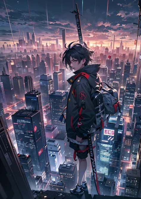 1boy,a 13 yo boy、Cyberpunk Boy、japanese sword,Whole body bloody、The beginning of the adventure、Lots of clouds,heavy fog、starrysky、Moon,Chaotic city of the future、Movie dystopia、A group of very tall skyscrapers stands in the center、Very complex cityscape,Cr...