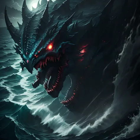 from above, super high image, super detail, super high resolution, a very scary monster that rises from the sea, professional lighting