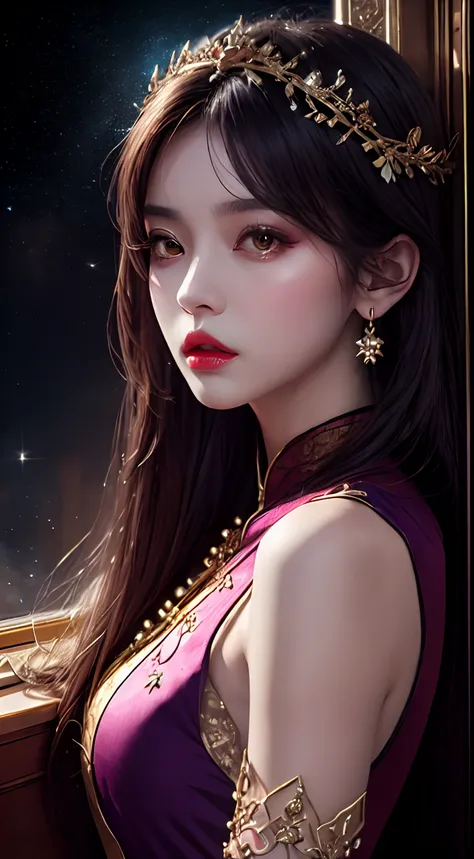 1 27-year-old girl, 1 zodiac goddess from the future, goddess of the pink and purple 12 zodiacs, the goddess of the zodiac in a yellow ao dai, a 12 zodiac ao dai with many black lace detail, mythology Goddess of the 12 zodiacs from the future, zodiac ♏, lu...