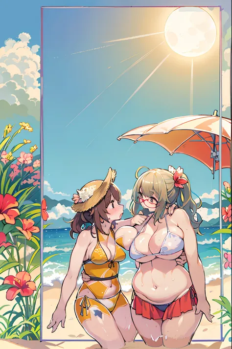 Two-dimensional girl、((Summer light))、Steppe on a summer day、((From the top))、The Sun Directly Above、huge-breasted、big round glasses、bbw,Large Thigh、Two girls、embracing each other、Deep kissing、the kiss、lesbian、red blush、Okinawa、hibiscus、swim wears、Hot summ...