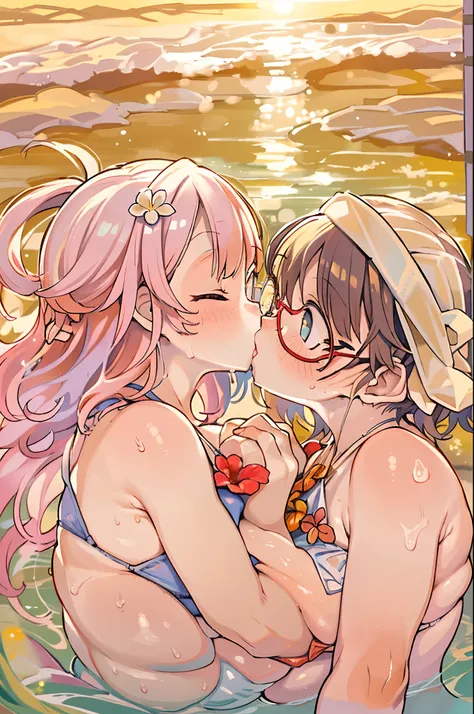 Two-dimensional girl、((Summer light))、Steppe on a summer day、((From the top))、The Sun Directly Above、huge-breasted、big round glasses、bbw,Large Thigh、Two girls、embracing each other、Deep kissing、the kiss、lesbian、red blush、Okinawa、hibiscus、swim wears、Hot summ...