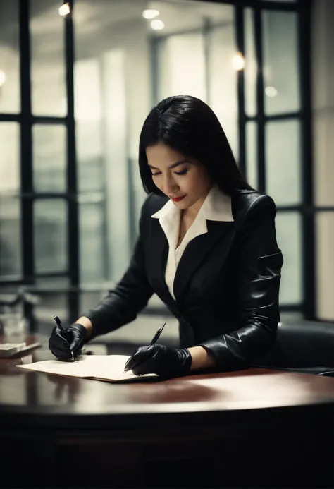 Wearing black leather gloves in both hands, upper body, black business suit, facing the desk in the modern study in the dark, looking down and smiling, writing a letter using a fountain pen, long, straight black hair, young Japanese woman (black leather gl...