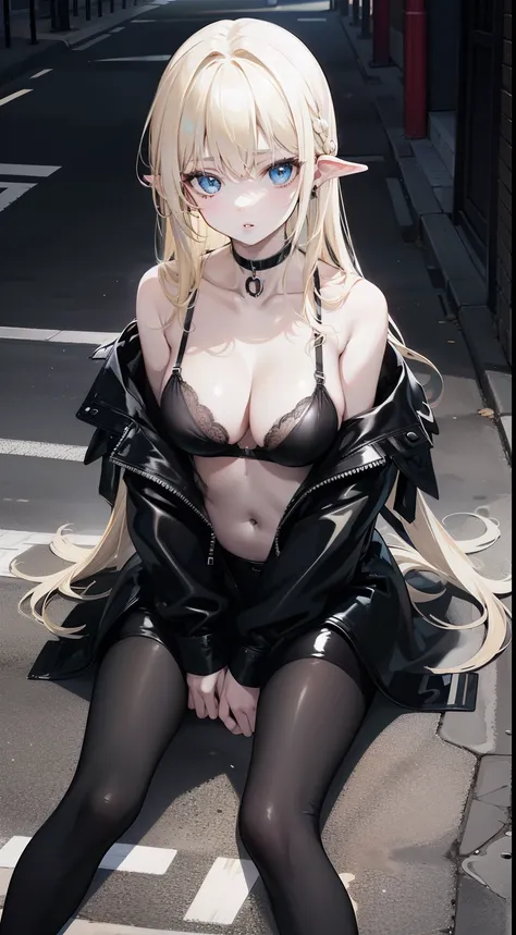 one woman, pale skin, blue eyes, eyebrows, nose, mouth, lips, ears, long blonde hair, choker, open shiny black jacket, shiny black glued bra, shiny black tights, beautiful day, on the street, floor